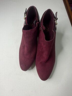 East 5th Burgundy Suede Ankle Boots Size 8 Heeled Booties Buckle Detail